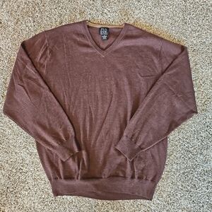Jos A Bank Sweater Mens XL Brown V-Neck 100% Merino Wool Traveler Soft